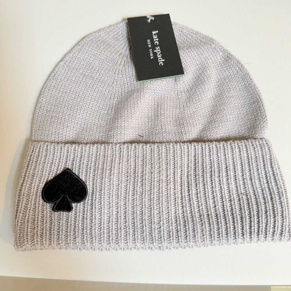 Kate Spade NY Acrylic Ribbed Flocked Spade Cuffed Beanie Hat Heather Gray  NWT